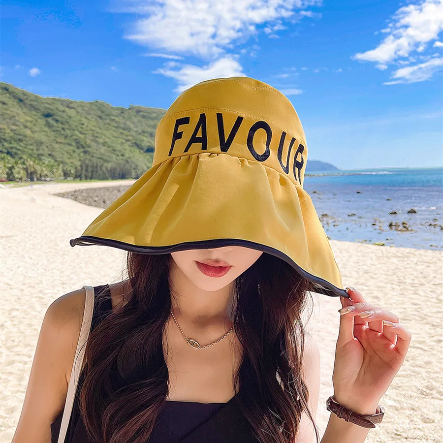 

Summer Women Sun Hat Foldable Bucket Headgear Empty Top Ponytail Outdoor Sunscreen Anti-UV Seaside Beach Sunhat Wide Brim Cap