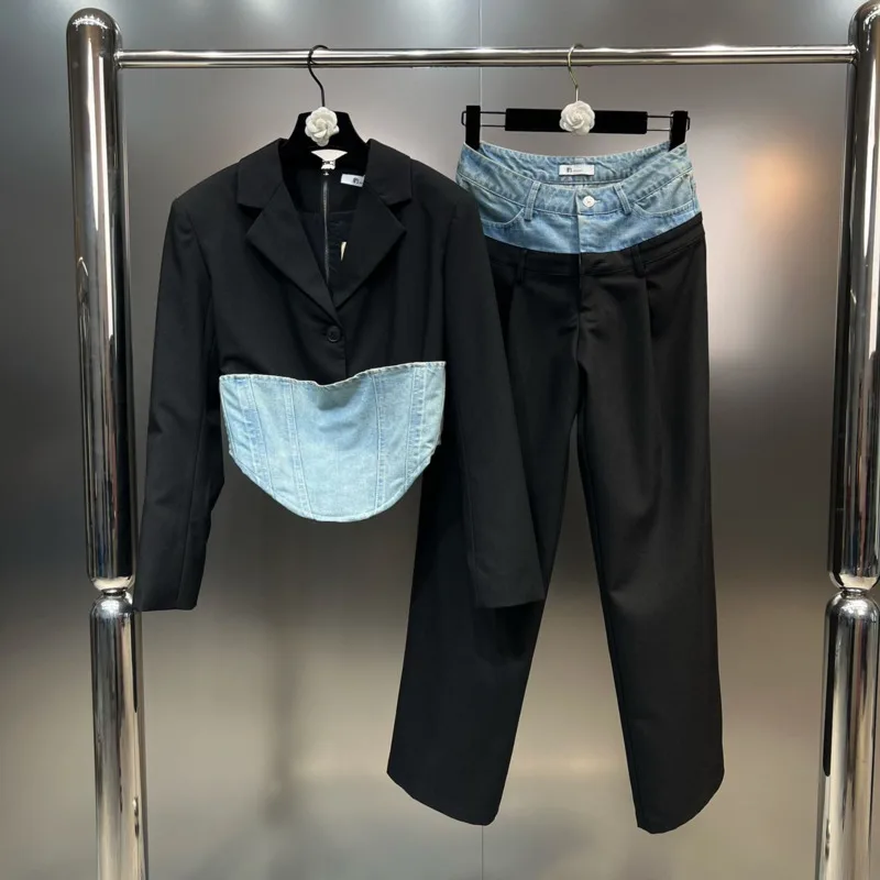 

BORVEMAYS 2023 Autumn New Lapel Single Button Patchwork Denim Blazer + High Waist Pants Temperament Two-piece Sets WZ5501