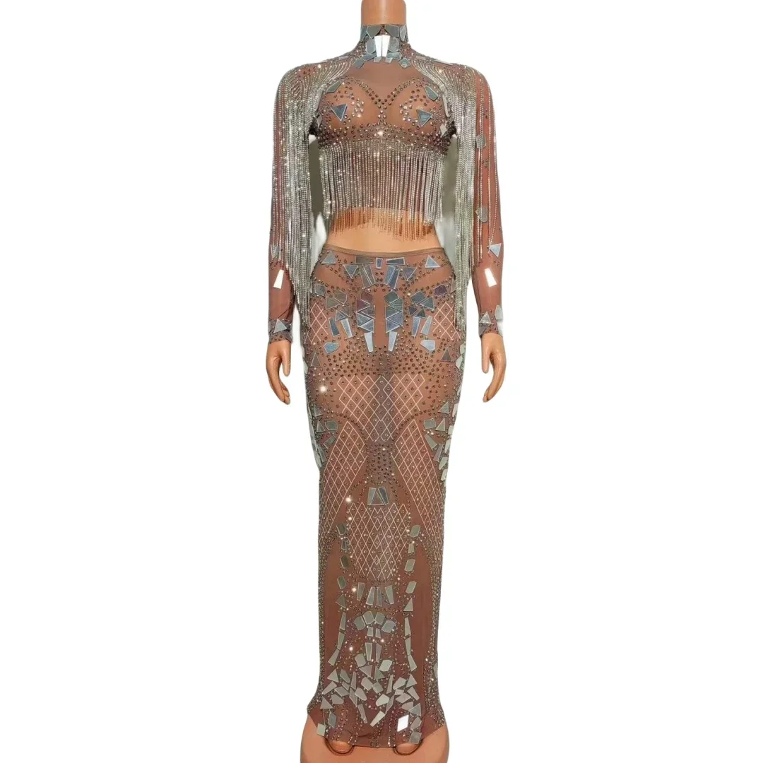 Сетчатая прозрачная серебряная зеркальная блестящая длинная юбка со стразами и