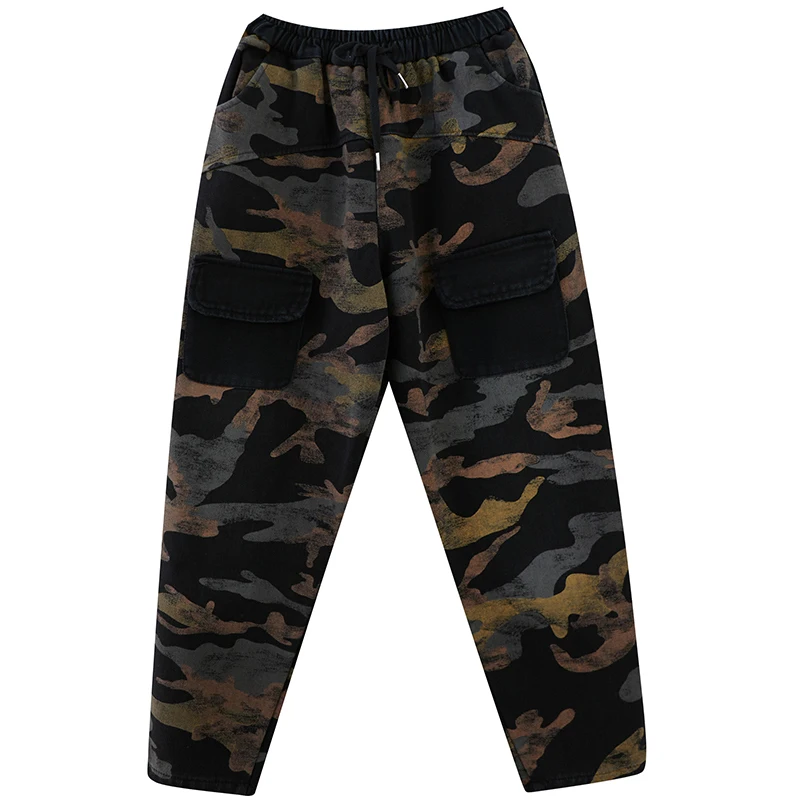 New Arrival 2022 Spring Arts Style Women Elastic Waist Camouflage Print Loose Jeans Double Pocket Cotton Denim Harem Pants V921 |