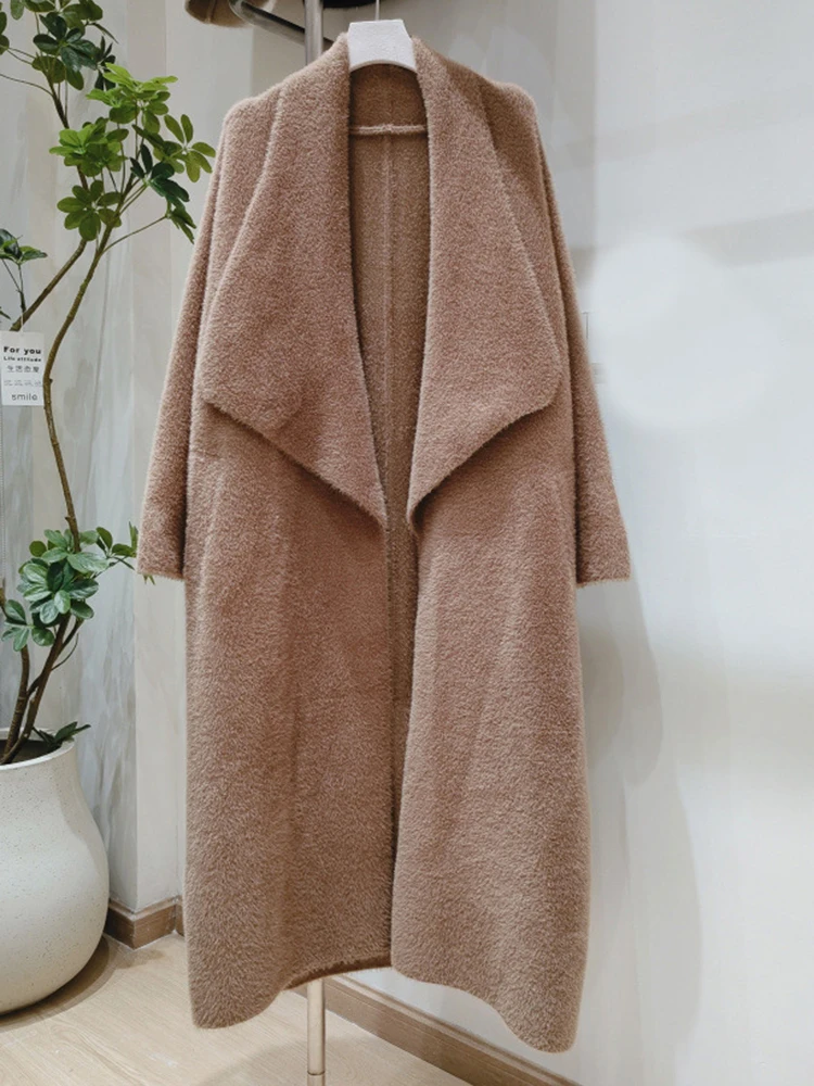 [EAM] Коричневый большой размер толстый длинный вязаный кардиган свитер с