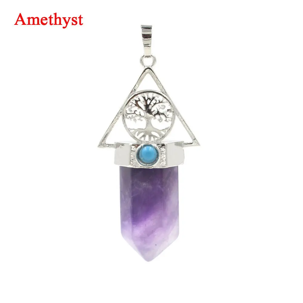 

Mineraali Amethyst Natural Hexagonal Gems Tree of Life Triangle Metal Pendant Women Reiki Healing Purple Quartz Crystal Necklace