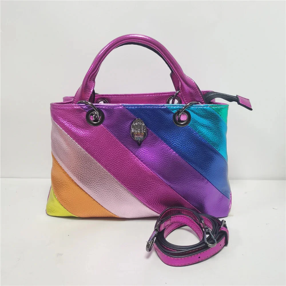 

New Style Big Size Rainbow Women Handbag Metallic Eagle Bird Head On Front Flap Jointing Colorful Cross Body Bag