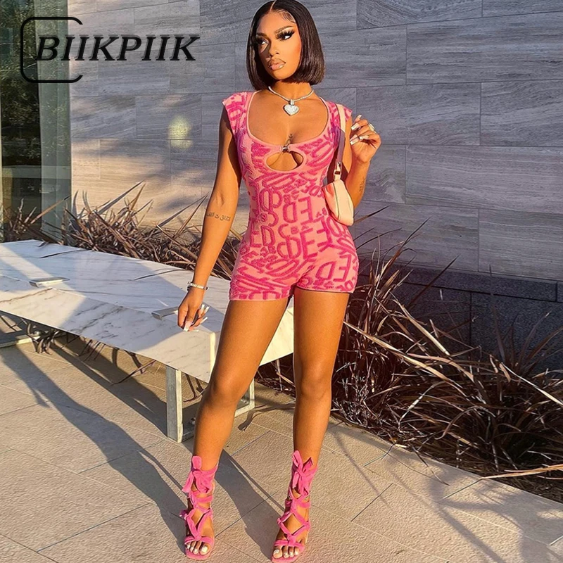 

BIIKPIIK Sleeveless Letters Print Bodycon Playsuits Women 2022 Casual Sexy Shorts Rompers Hollow Out Streetwear Elegant Playsuit