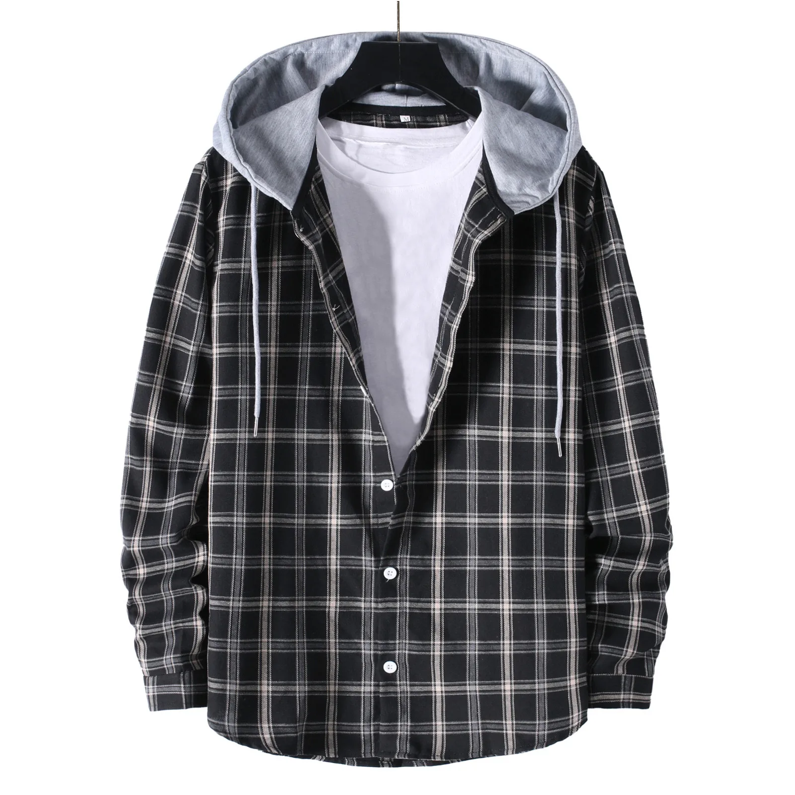 

Men's Casual Plaid Print Shirt Long Sleeve Single Breasted Hooded Shirt Button down Dress