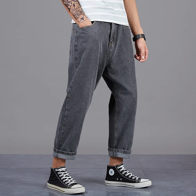 Large size 28-48 men's casual cropped jeans denim loose harem straight leg pants wide leg cotton casual man jeans