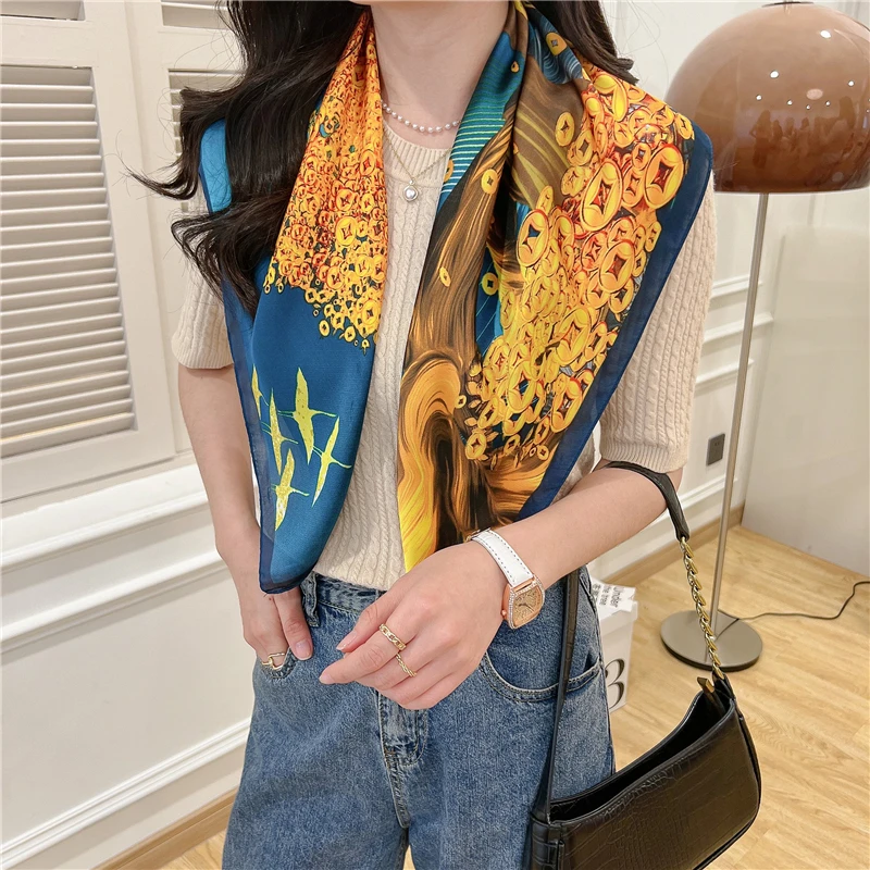

Luxury Silk Scarf for Women Print Square Neck Tie Female Shawl Wraps Hair Band Headkerchief Hijab Beach Stoles Echarpe 2022