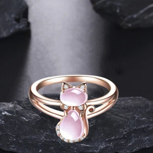 Fashion Rose Gold Pink Cat Ring, Lovely Temperament Lady Pink Inlaid Crystal Ring Rings for Women Jewelry Whole Sale