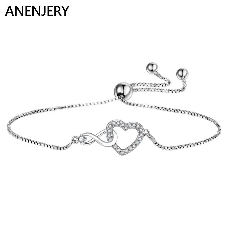 

Silver Geometric Zirconia Eternity Love Heart Chain Bracelet for Women Girl Sweet Pull Bead Adjustable Jewelry pulseras mujer