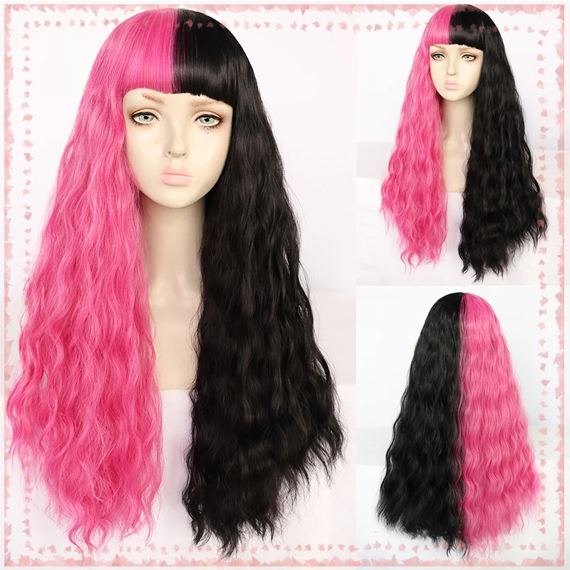 Парик для косплея на Хэллоуин двухцветный полурозовый и получерный прямая челка