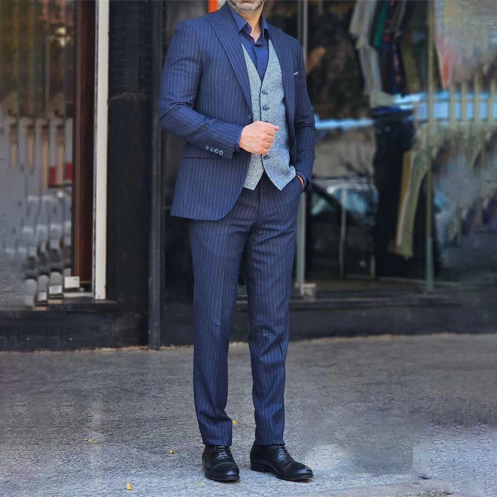 Элегантные темно-синие полосатые мужские костюмы деловой Блейзер смокинг для