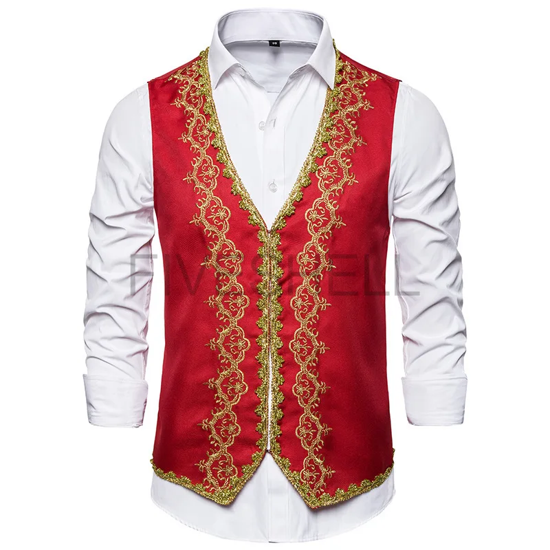 

2023 Medieval Stylish Gold Embroidery Baroque Vest Men Slim Fit Palace Prince Black Waistcoat Men Prom Drama OperaCostume Gilet