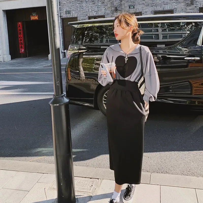 

High Waist Spliced Long Sleeve Zipper Hoodie Dress for Women 2023 Autumn Elegant Chic Slim Fit Casual Maxi Dresses Female 6971