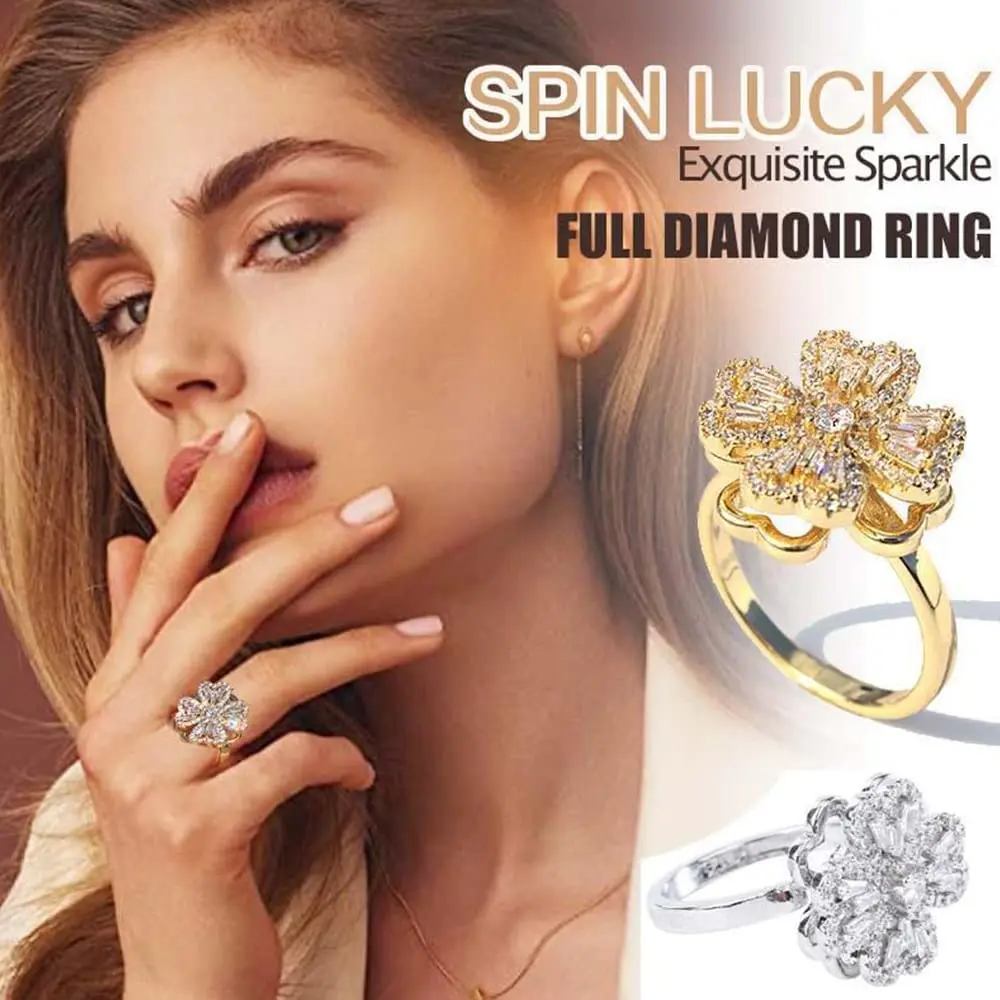 

Gentle Sparkling Four-Leaf Clover Lucky Flower Ring Relieve Anxiety For Women Rotating Adjustable Spinner Ring Diamond Jewelry