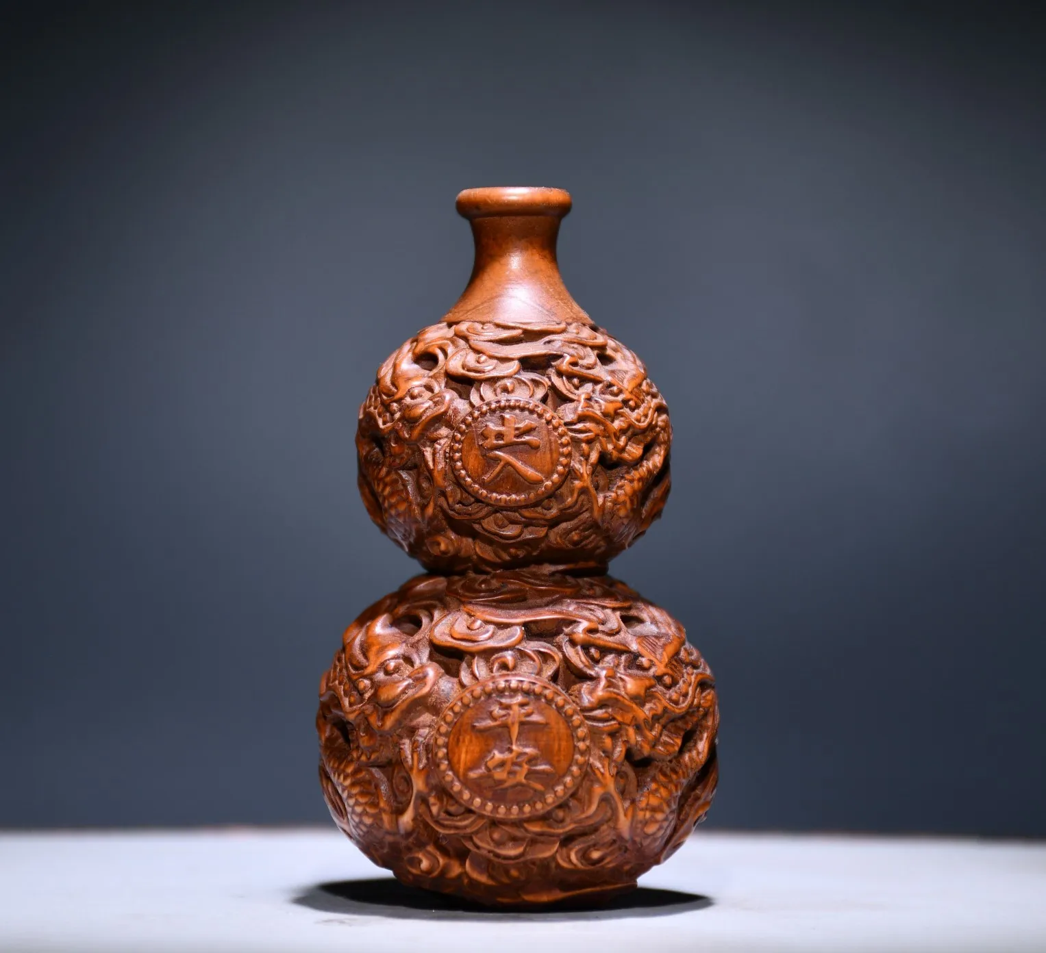 

Pumpkin Gourd Statue Chinese Lucky Feng Shui Decorative Gourd Ornament Wood Carving Dragon Figure Hollow Sculpture Home Decorati