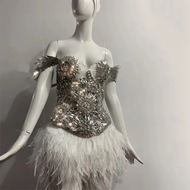 

High-End Full Rhinestones Feather Dress Jazz Dance Costume Women Party Celebrate Dress Stage Singer Festival Outfit XS6267