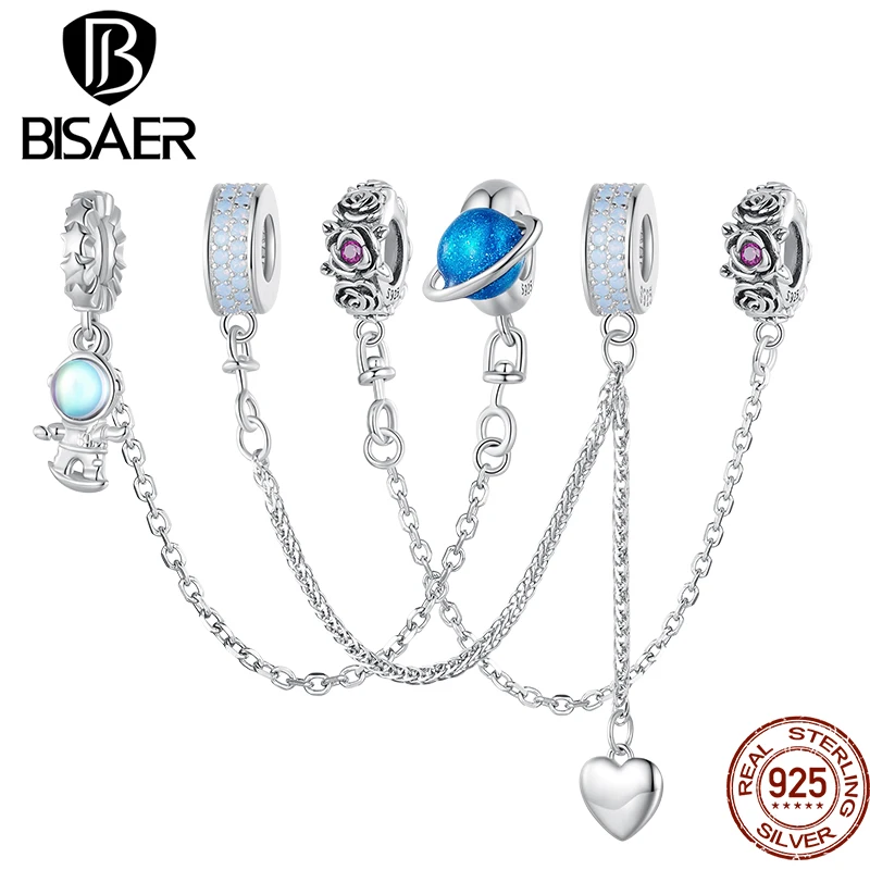 

BISAER 925 Sterling Silver Astronaut Safety Chain Blue Glitter Enamel Star Charms For Women DIY Bracelet & Necklace Fine Jewelry