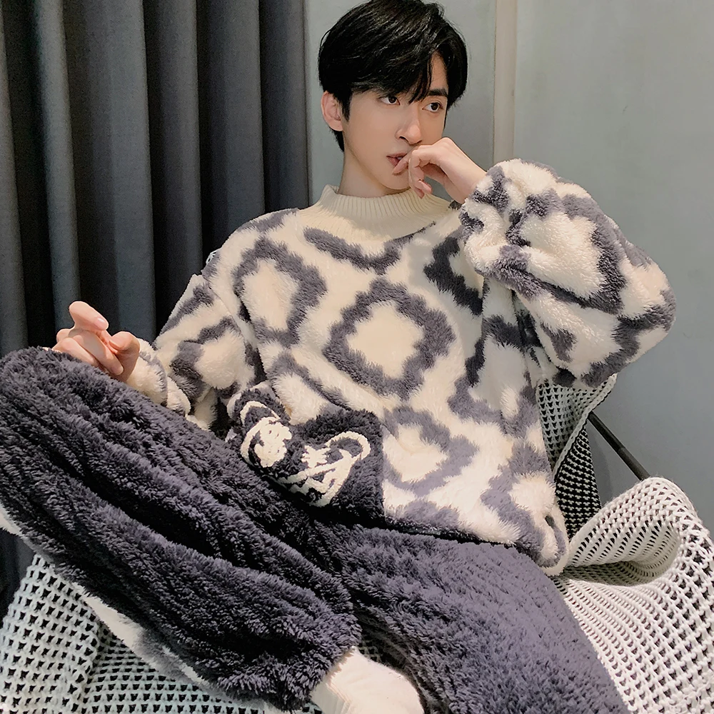 QUHENG Winter Thick Warm Long Sleeve Flannel Pajama Sets for Men Cartoon Coral Velvet Sleepwear Suit Pyjamas Homewear Clothes