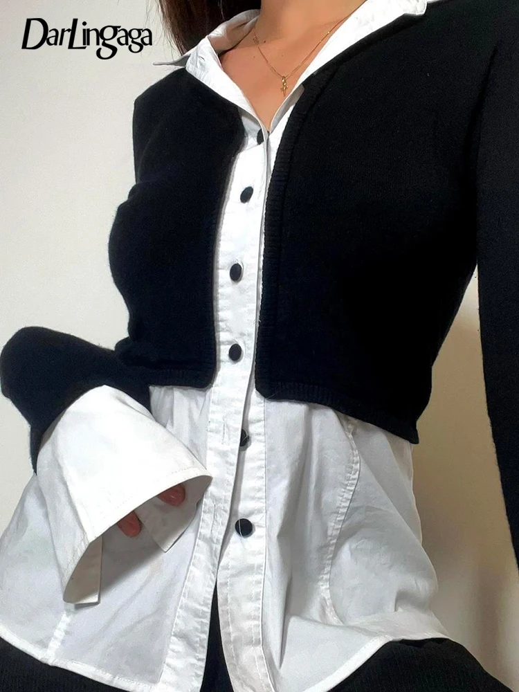 

Darlingaga Casual Black White Patchwork Long Sleeve Shirt Women Buttons Up Cardigan Top Spring Fashion Contrast T Shirt Blouses