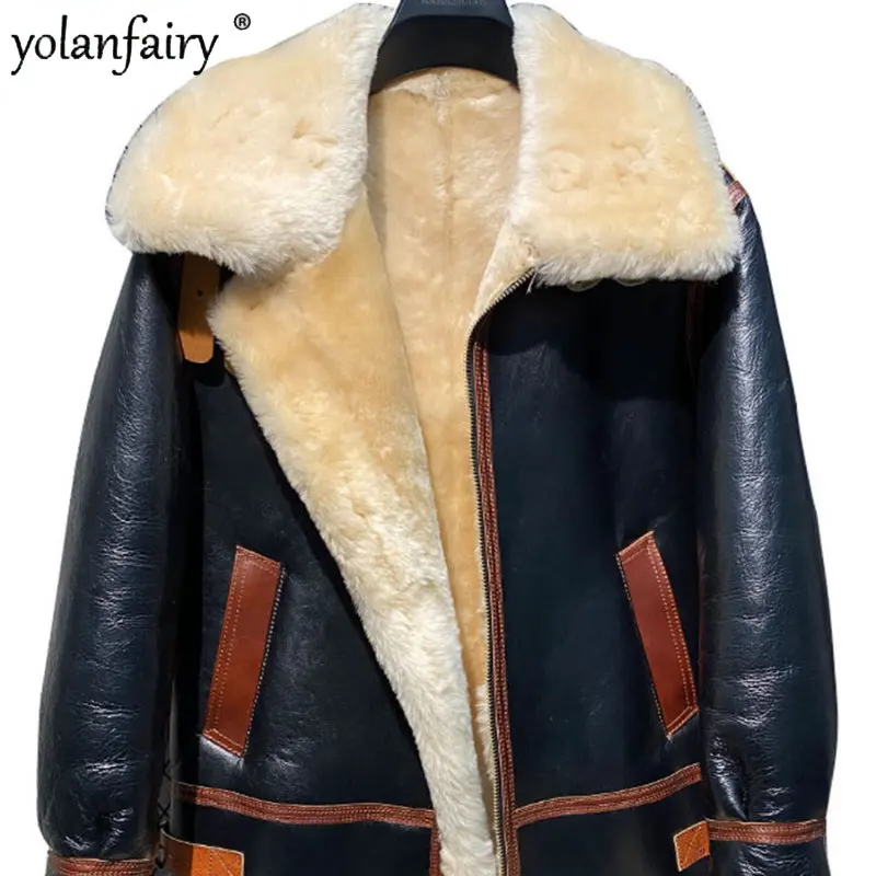 

Yolanfairy thick nature Fur Coat Men Original Sheepskin Fur One-piece Real Leather Winter Jacket Men's Flight Suit Jaqueta