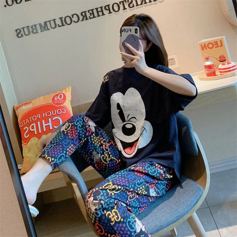 Disney Mickey Mouse 2 Pieces Set Pjamas for Women Summer New Short Sleeve Shirt and Graphics Pant Ladies Soft Night Wear Suit