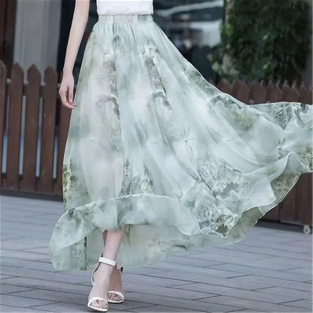 

Chiffon Floral Summer Skirt Women Long High Waist Holiday Dance Skirt Elegant Beach Hot Sale Lady Vintage Girl Fairy