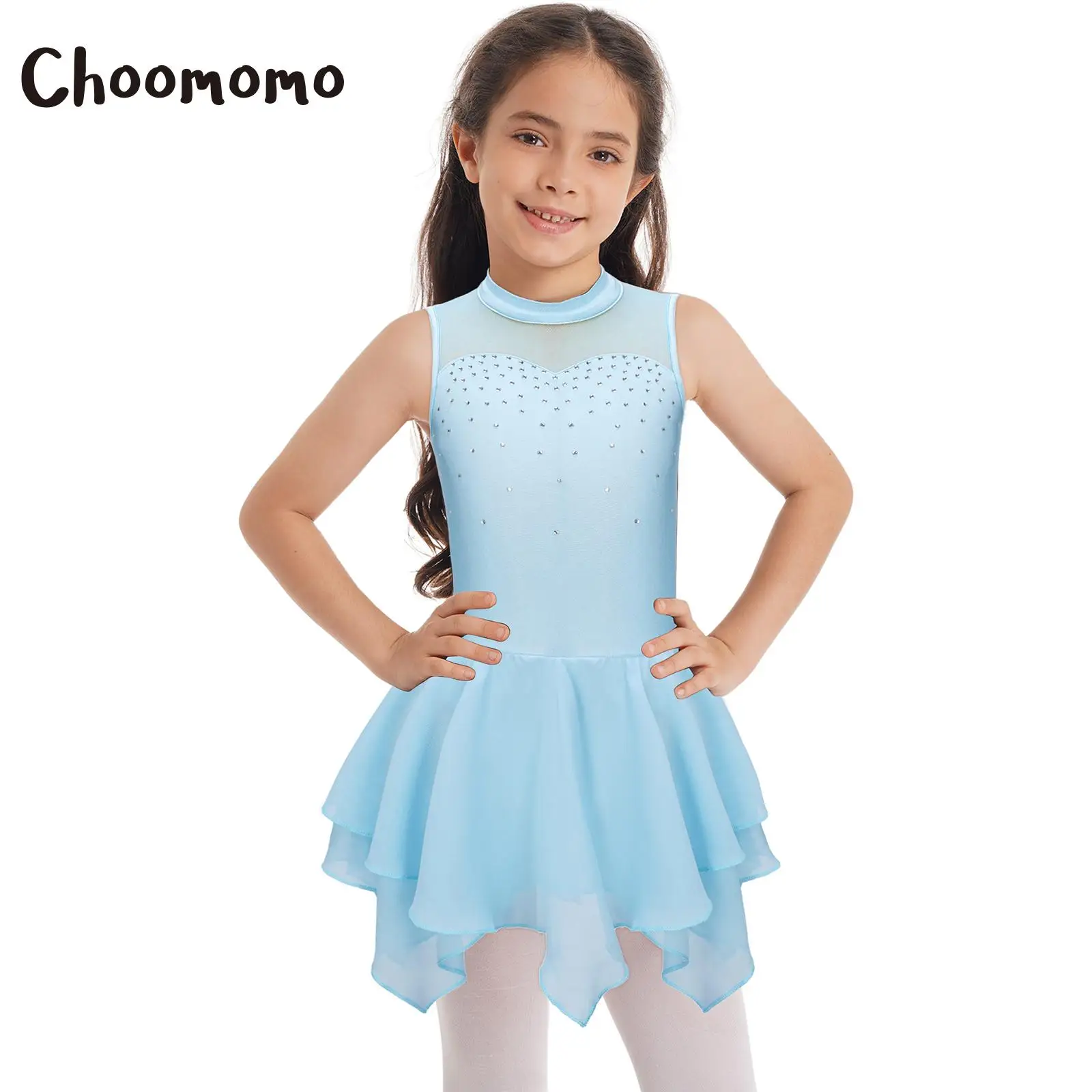 

Choomomo Kids Girls 6-16 Sleeveless Dance Dresses with Shiny Rhinestone Spandex Mesh Patchwork Hollow Back Dress Briefs Inside