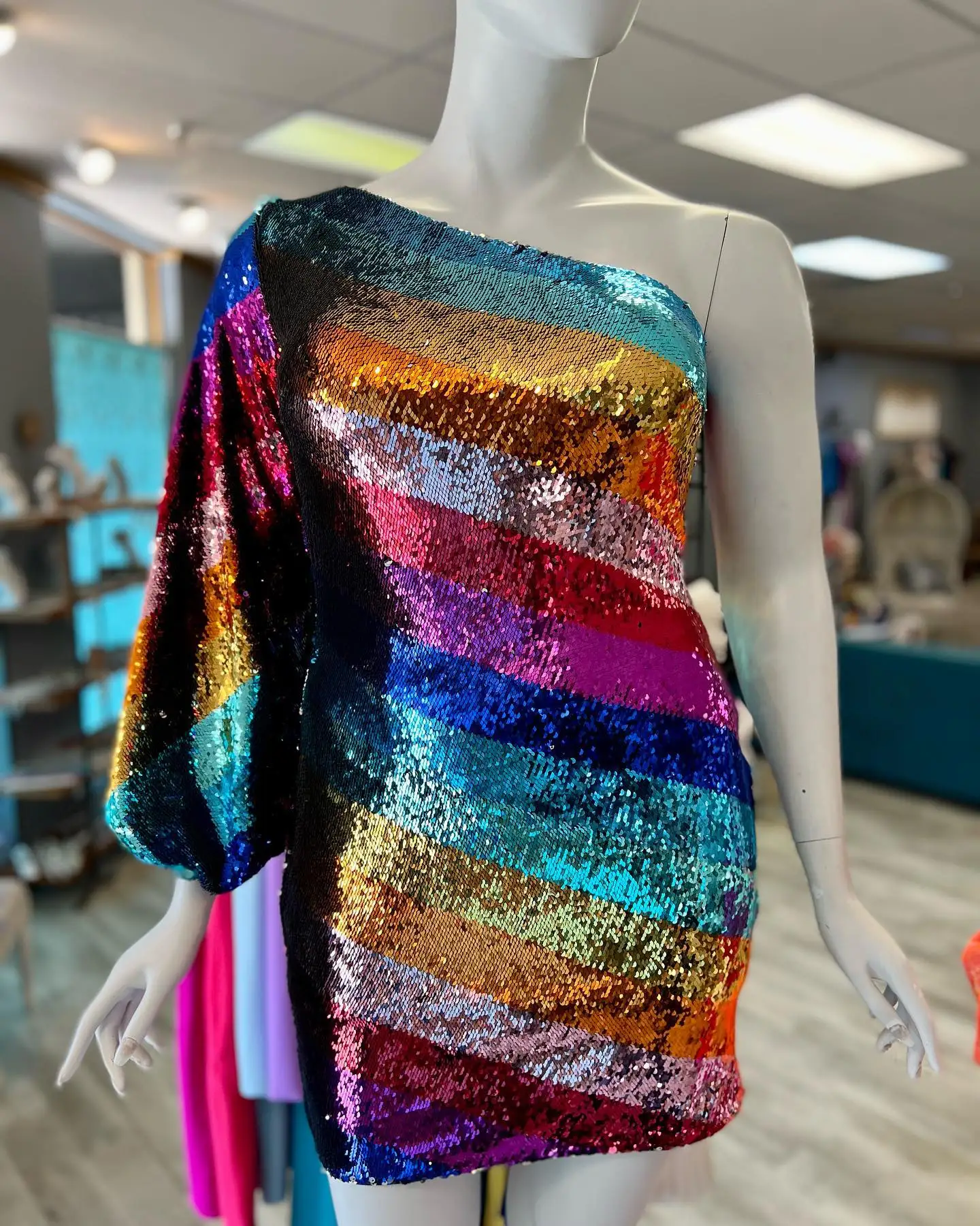 

Multicolor Cocktail NYE Dress 2023 One Long Sleeve Rainbow Lady Formal Event Mini Party Gown Club Night Out Graduation Hoco Gala