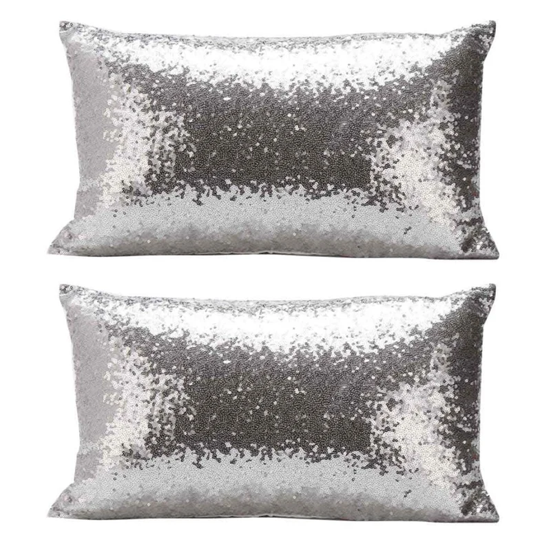 

2X Rectangle Pillowcase,Solid Color Glitter Sequins Throw Pillow Case(Silver)