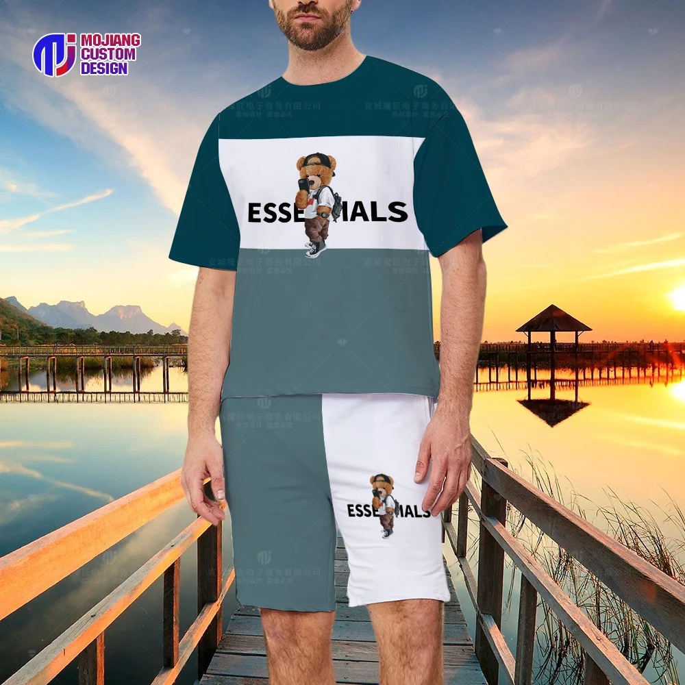 2023 Summer Colorblock T-Shirt and Shorts Set Luxury Brand Short Sleeve Men's Brand Bear Print Top T-Shirt Set of 2