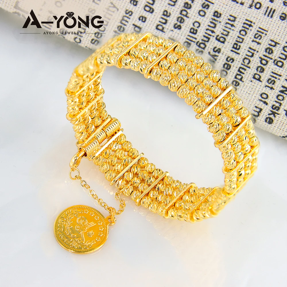 

Dubai Multi Layer Bead Bangles 21k Gold Plated Middle East Luxury Brass Jewelry Punk Cuff Bracelets Vintage Wedding Party Parts