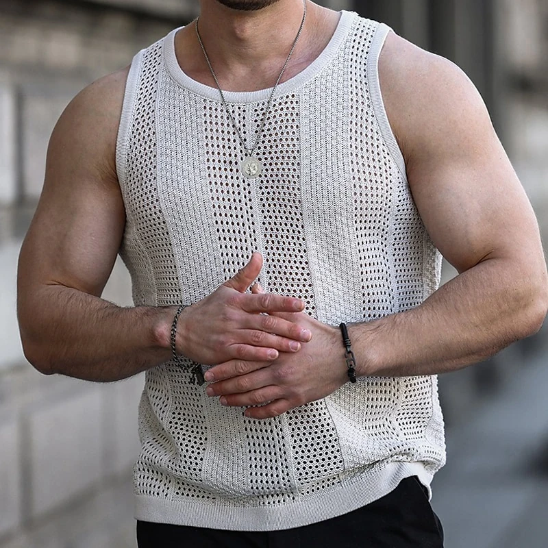 

Vintage Knit Tank Tops Men Spring Summer Sexy Hollow Out Sleeveless O Neck Straps Camisole Mens Clothes Fashion Vest Streetwear