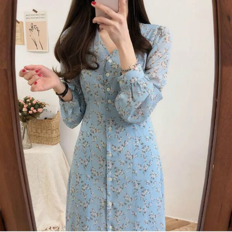 

2022 New Elegant V Neck Full Sleeve Dress Women Floral Print Sweet Chiffon Dresses Single Breasted Casual Fashion Vestido