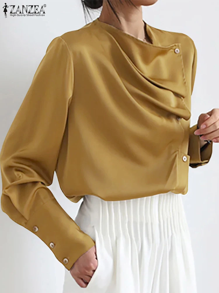 

ZANZEA Spring Asymmetrical Buttons Tops Fashion Women Satin Blouse Elegant Pleats Neck Shirts 2023 Tunics Casual Office Blusas