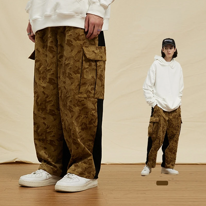 2022 Autumn/Winter New Camouflage Corduroy Patchwork Terry Sweatpants Loose Casual Hip-hop Three-dimensional Pocket Overalls
