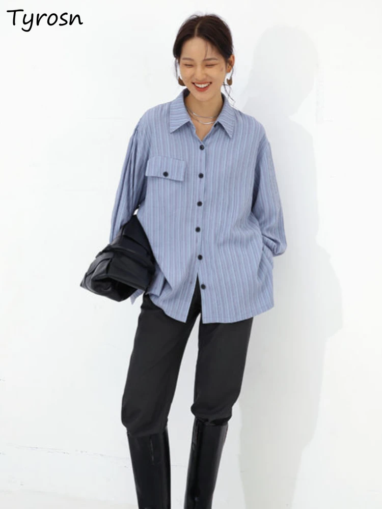 

Shirts Women Loose Basic Simple Design All-match Fashion Ulzzang Streetwear Side-slit Casual Striped Minimalist Spring Ladies