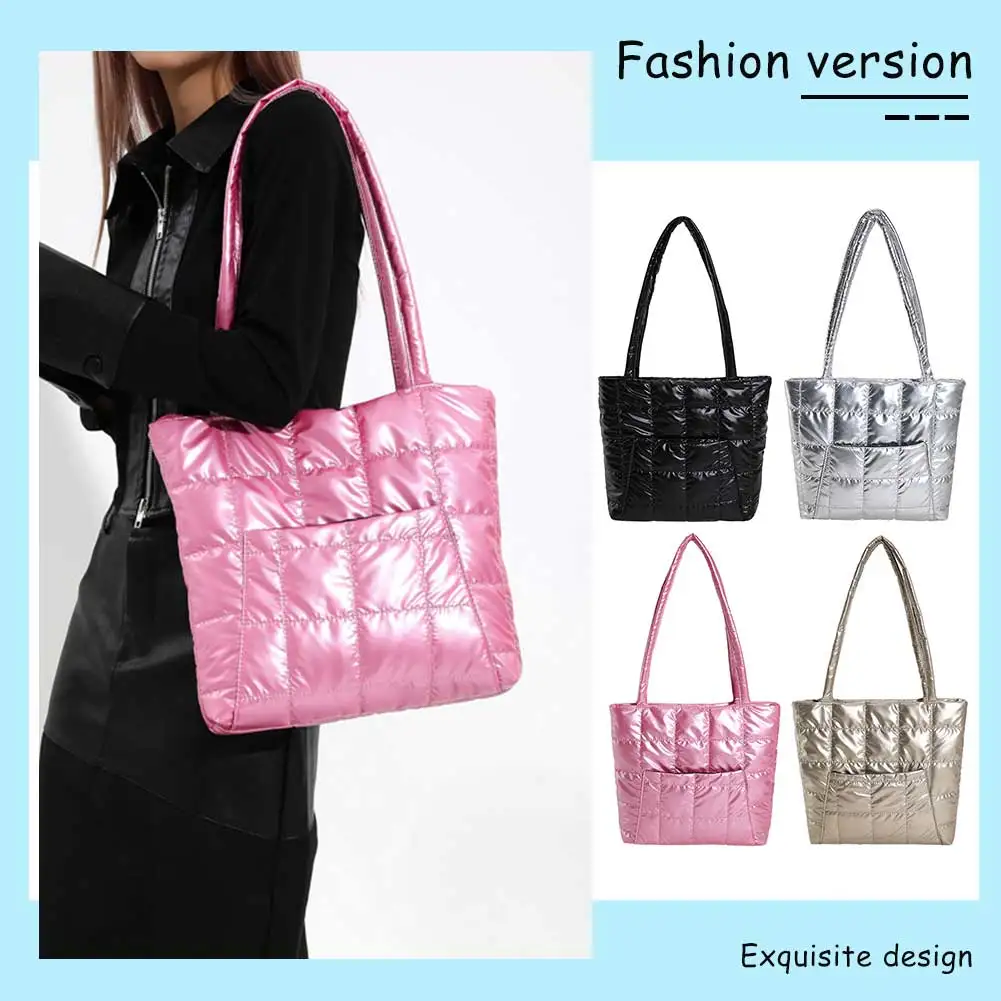 

Female Creative Puffer Tote Bag Solid Color Soft Down Cotton Satchel Handbag with Front Pocket Large Capacity Trendy Lightweight