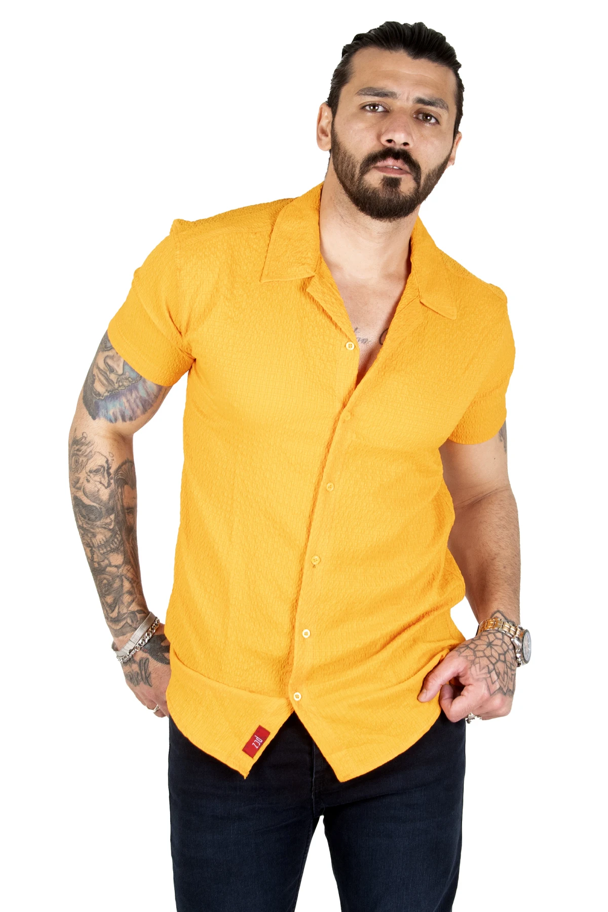 DeepSEA creasing fabric buttoned lycra applique collar short sleeve men's shirt 2104042