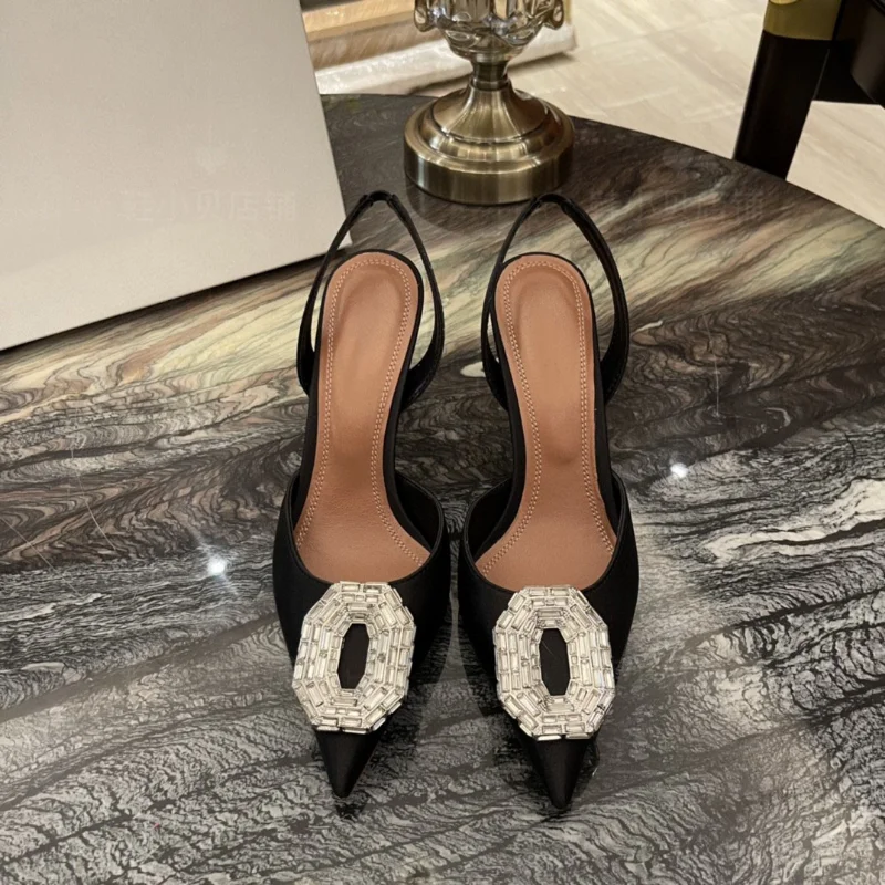 Baotou Women's Sandals Spring/Summer 2023 New Muller Fashion Rhinestone Square Buckle Pointed Thin Heel High Heel Sandals