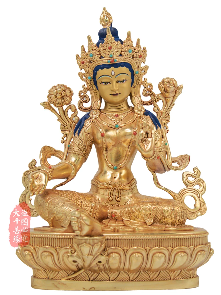 

Tibetan Craft 7-Inch 21cm Tantric Green Tara Buddha Statue Tibetan Bronze Statue Copper Gilt Ornaments