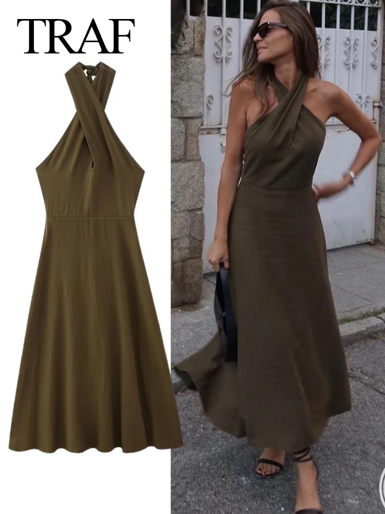 

TRAF Vestidos Para Mujer Solid Halter Neck Sleeveless Chic Backless A Line Rear Zipper Sexy Cool Streetwear Midi Mujer Dresses