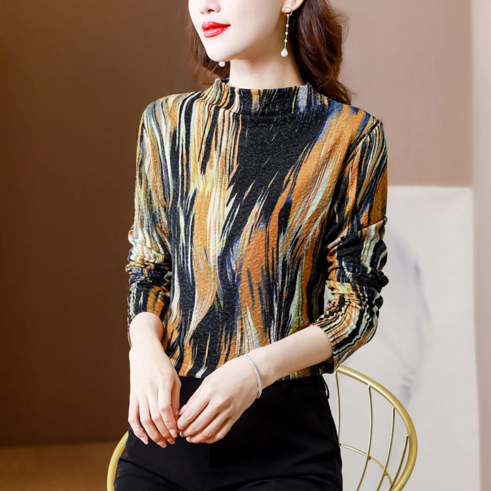 

Новинка осени 2022, женская футболка с длинным рукавом и принтом, Повседневная Удлиненная рубашка с высоким воротником, приталенный женский т...