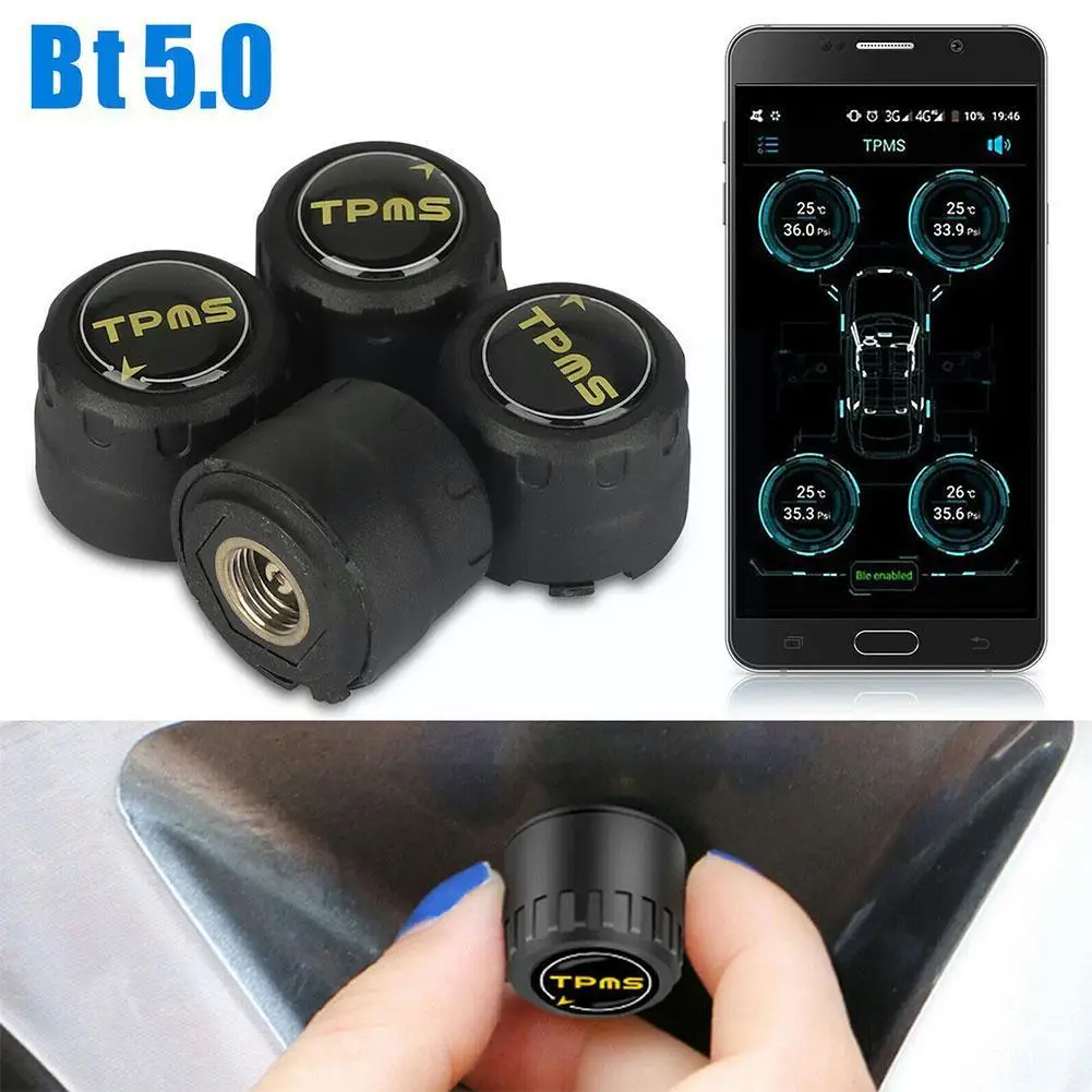 

Car Tpms Bluetooth 5.0 Tire Pressure Monitoring System Waterproof External Accessories Ip67 App 4 Sensor Car V2j1