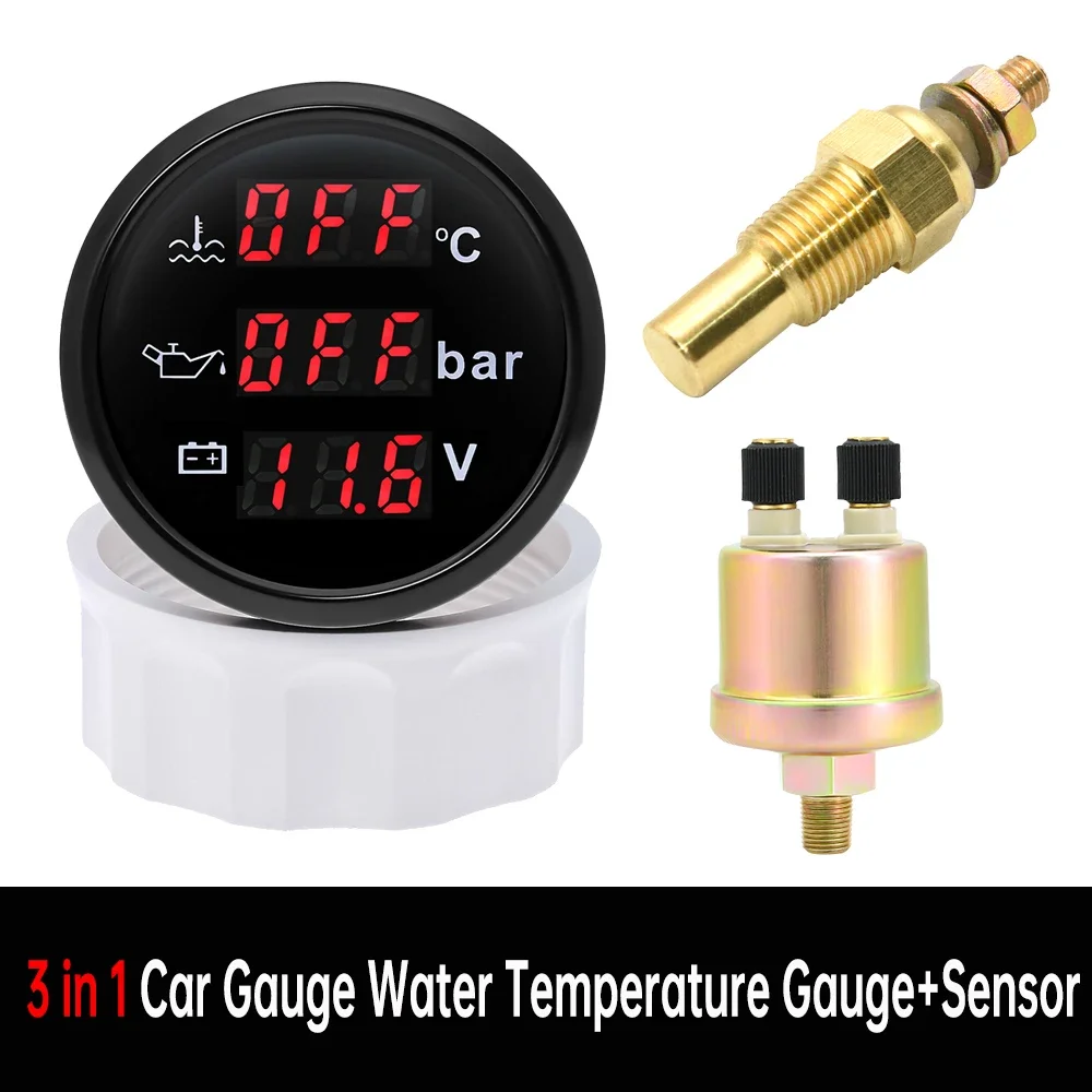 

52 мм цифровой автомобильный датчик 3 в 1, вольтметр температуры воды и давления масла с красной подсветкой, датчик температуры воды, датчик давления масла