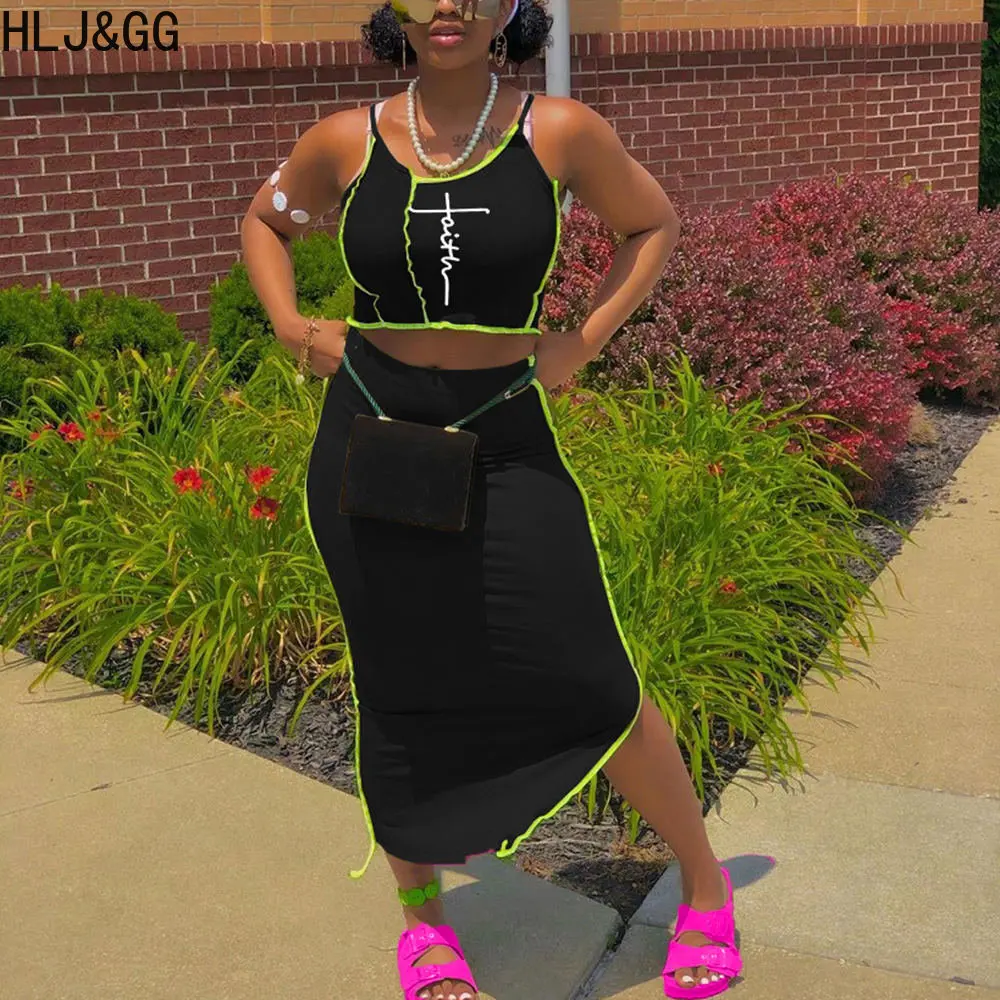 

Женский спортивный костюм HLJ & GG, комплект из двух предметов: укороченный топ на тонких бретельках и облегающая юбка с принтом