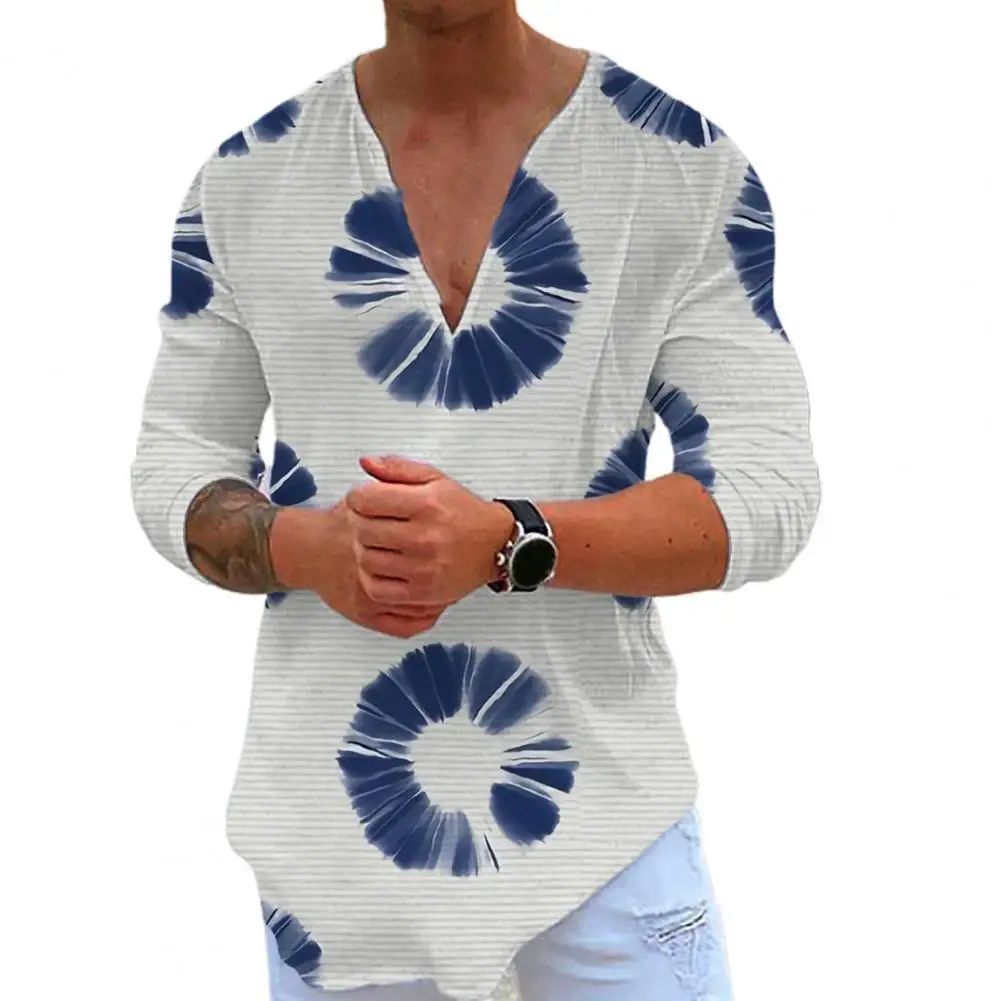 

Men Shirt Colorful Print Thin Summer Shirt V Neck Pullover Men T-shirt Long Sleeve Men Top Vintage Summer Top for Dating