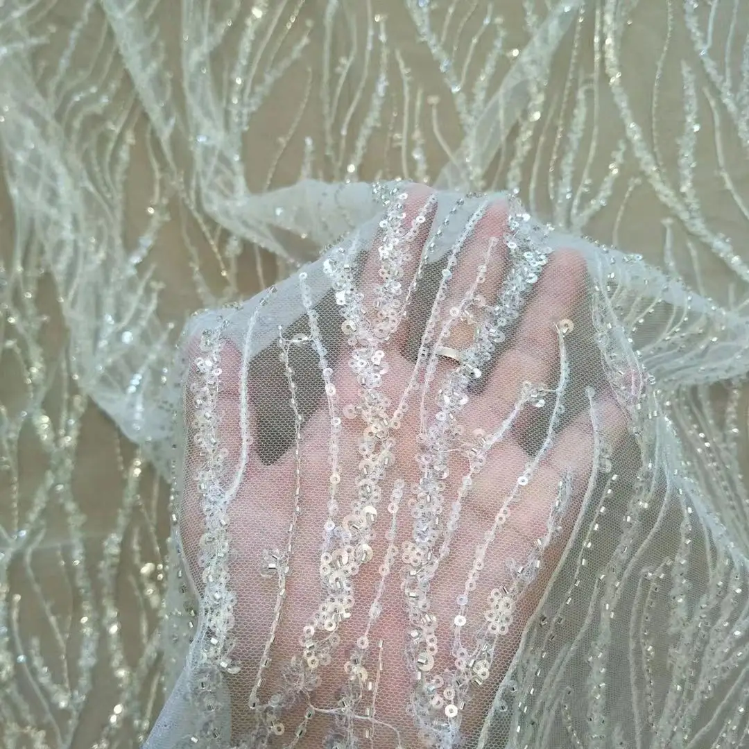 Необычная блестящая ткань для свадебного платья очень мягкая кружево с бусинами
