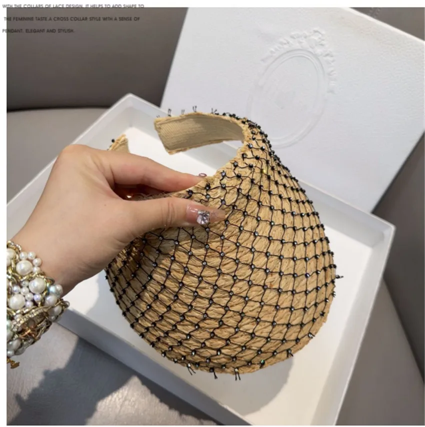 

202303-shi summer Luxury drill mesh natural raffia grass Daily sunscreen without lady sun hat woman visors cap