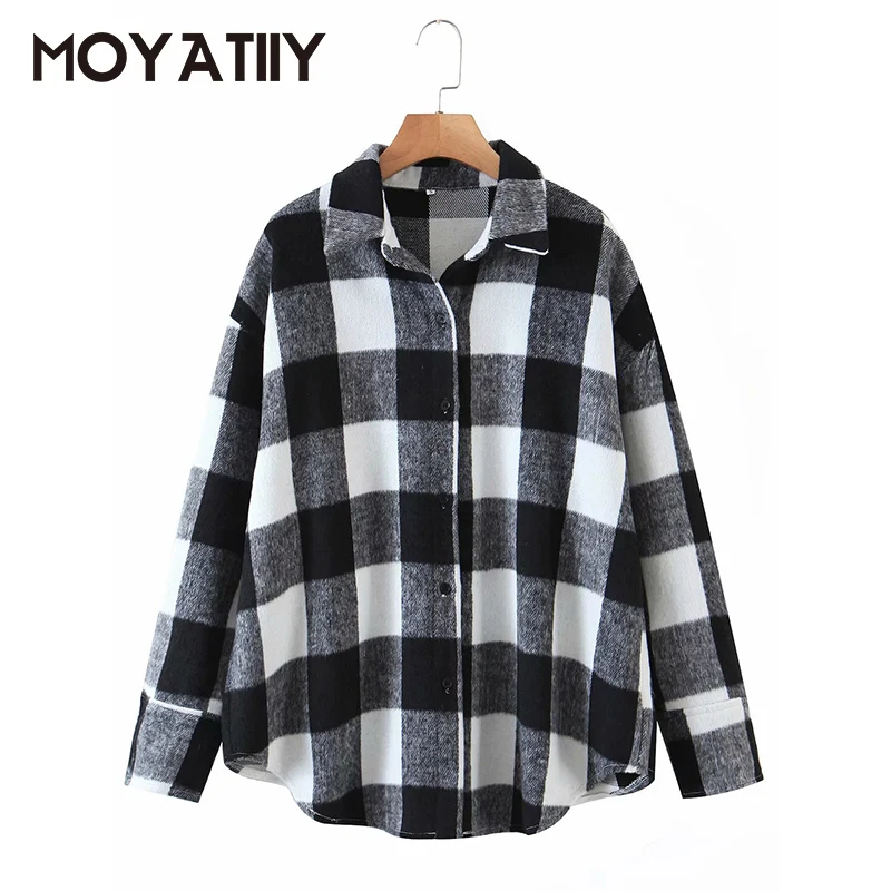 

MOYATIIY Women Fashion Autumn Winter Coat Black Plaid Woolen Cloth Thick Warm Coats Outwear Oversize Boyfriend Style Female Tops
