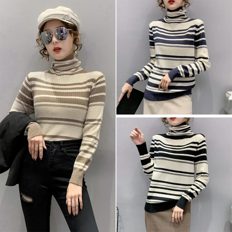 

Ladies Fashion Tops 2022 Women Pile Collar Stripe Basics Pullover Sweater Casual Woman Clothes Female OL Girls Cute Sweaters